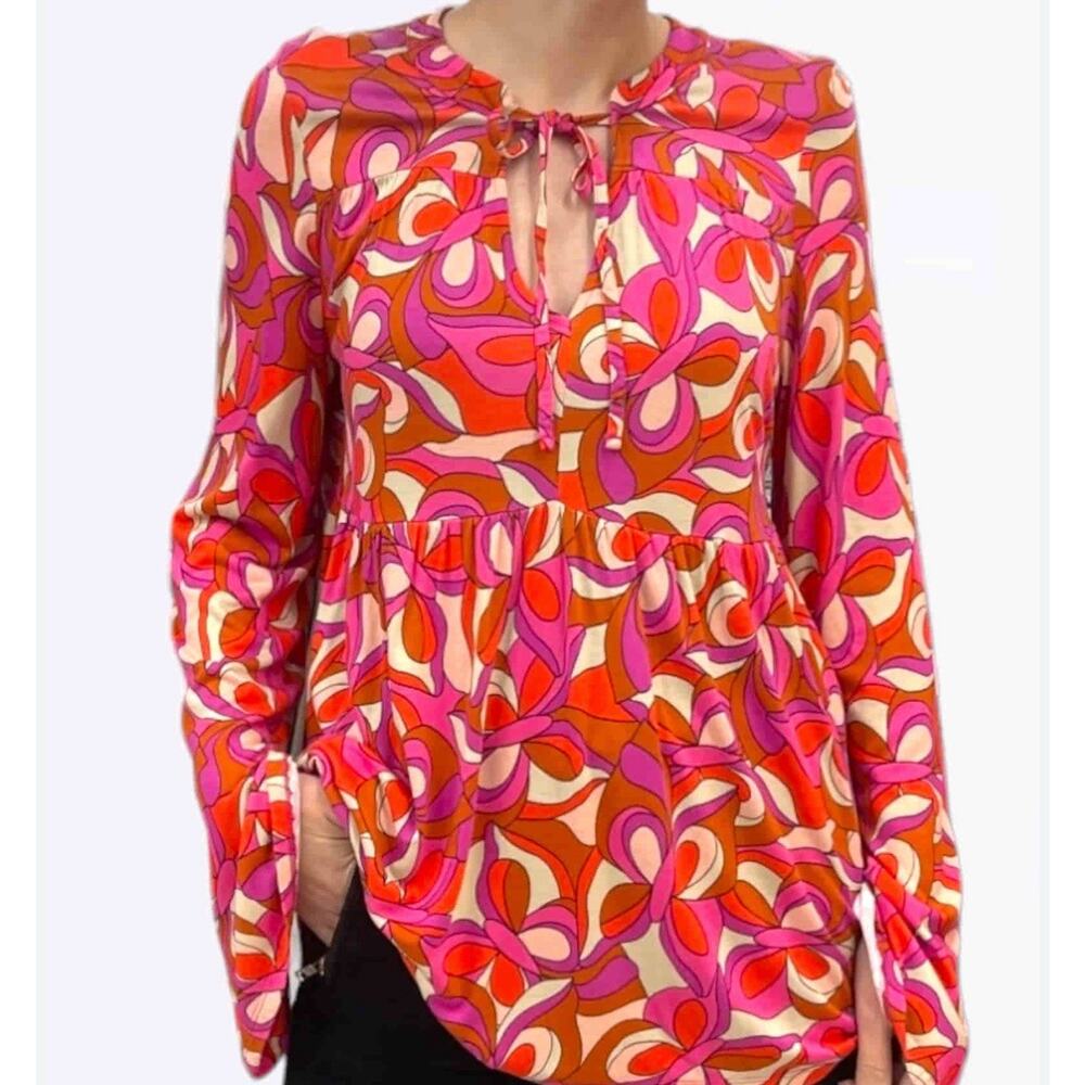 Lascana Venus Babydoll Pink Red long sleeve Top Retro 70s Womens Size Large EUC